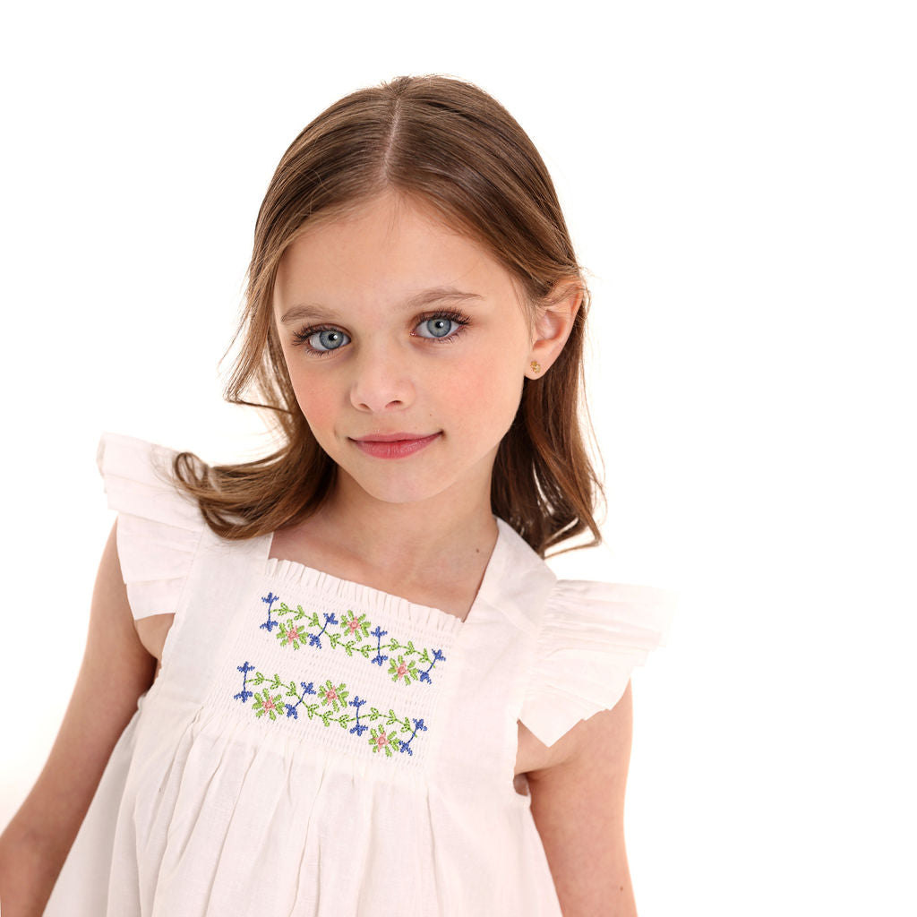 White Embroidery Smocked Linen Dress