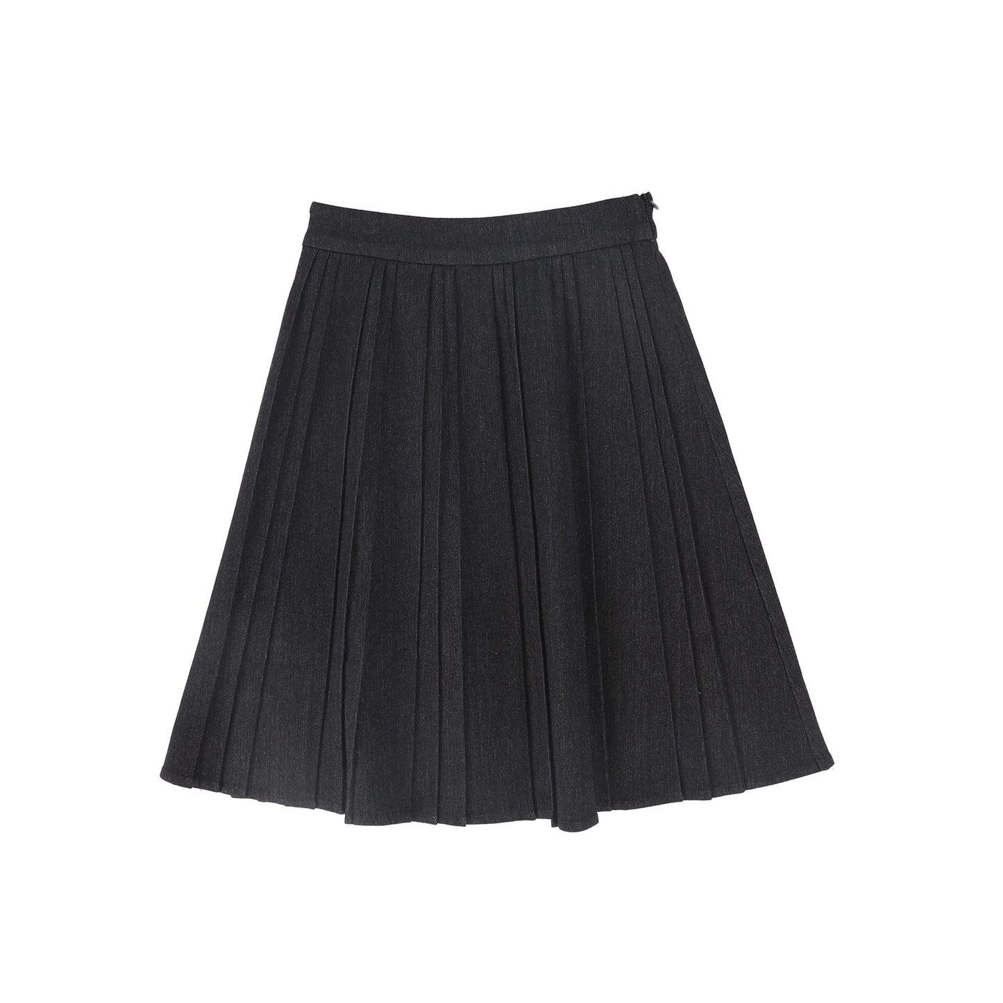 Black Denim Pleated Knee Skirt