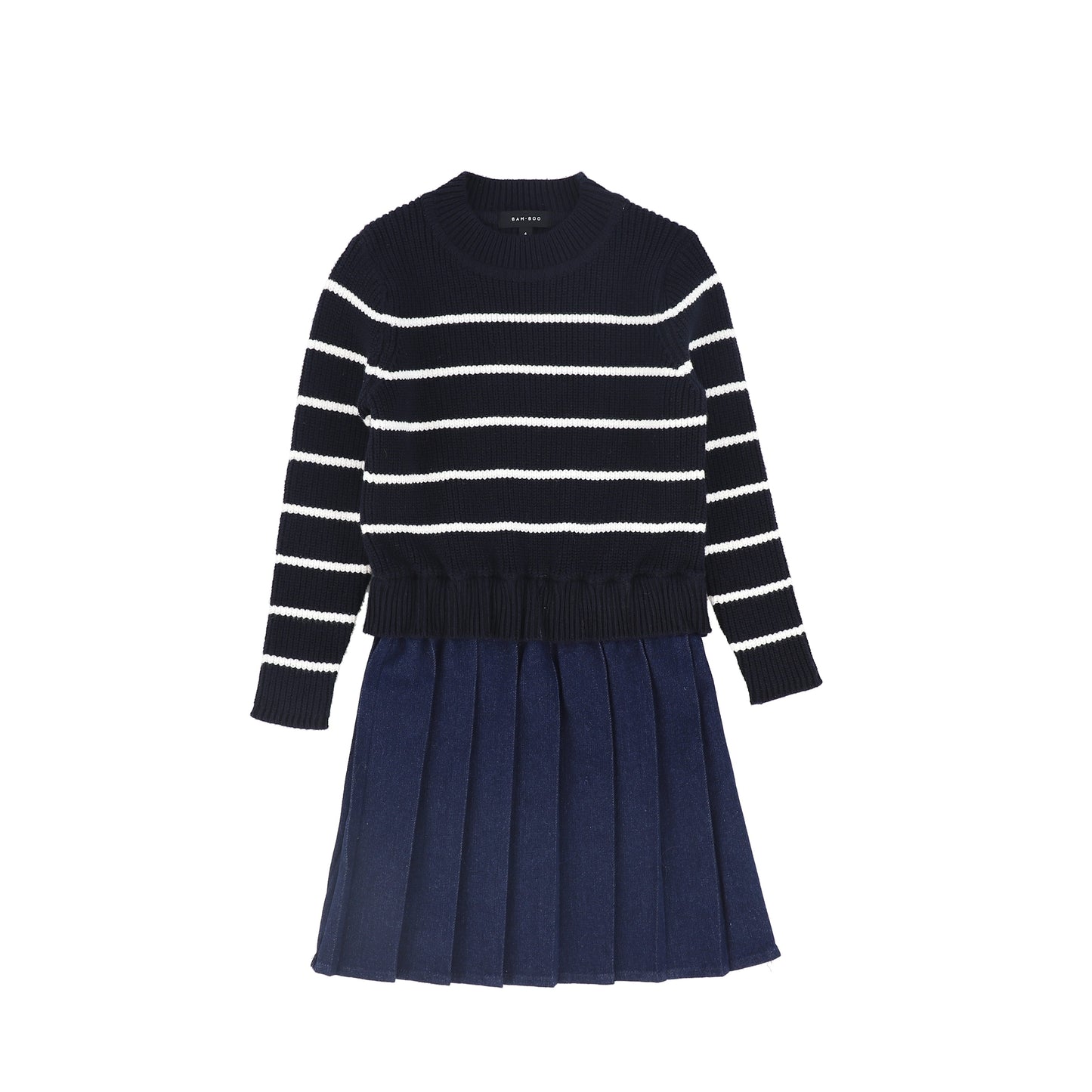 Stripe Knit Pleated Dress- Navy