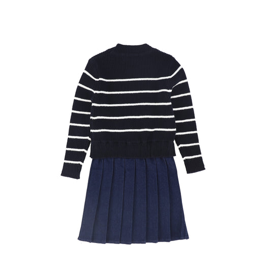 Stripe Knit Pleated Dress- Navy