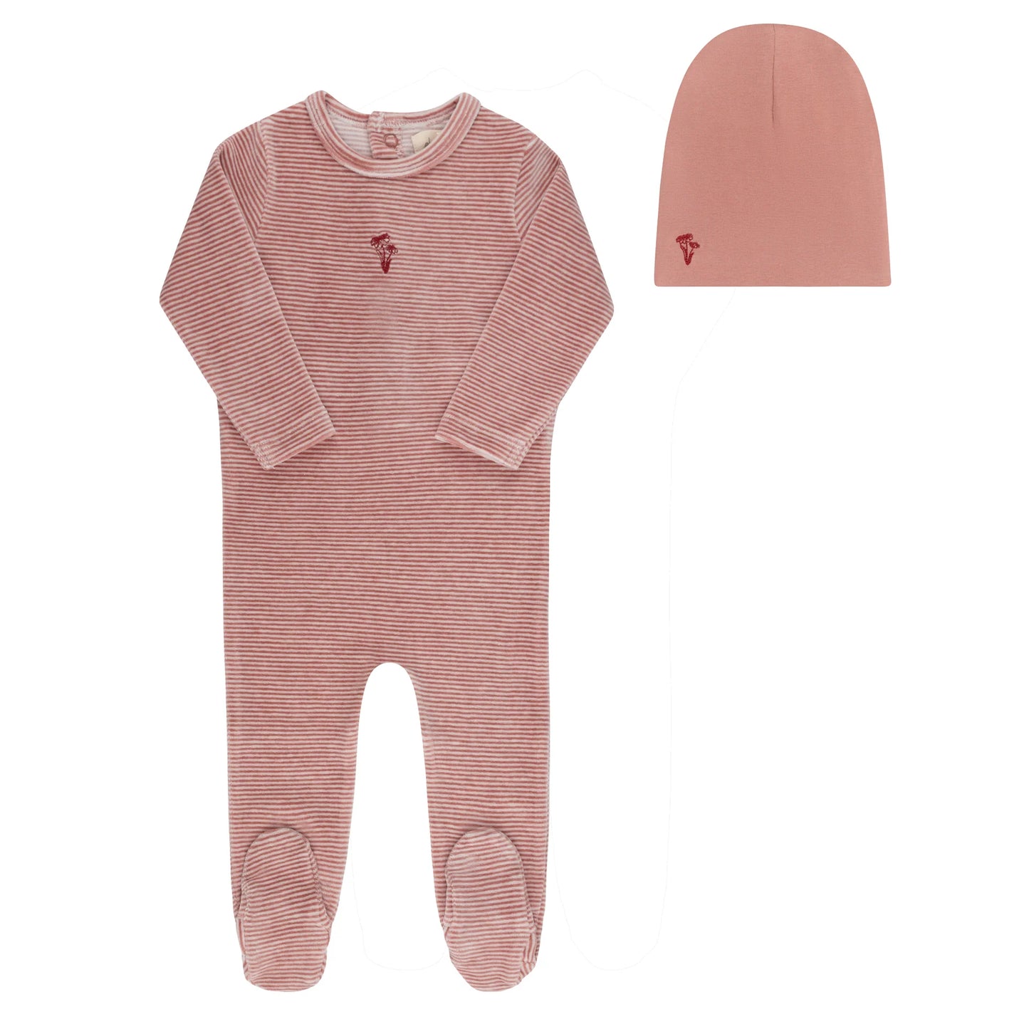 Velour Stripe Collection Footie + Beanie- Dark Pink