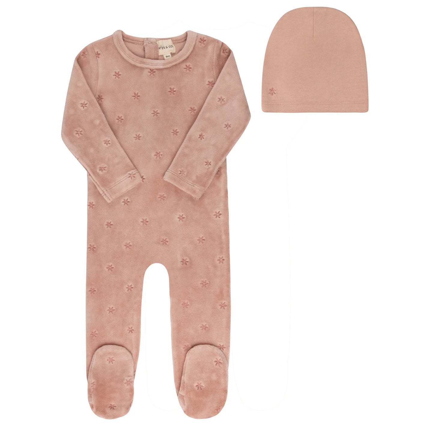 Velour Embroidered Floral Collection Footie + Beanie- Pink