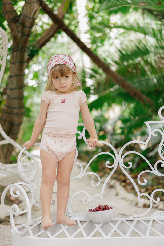 Pink/Red Pointelle Bow Print T-shirt+Bloomer