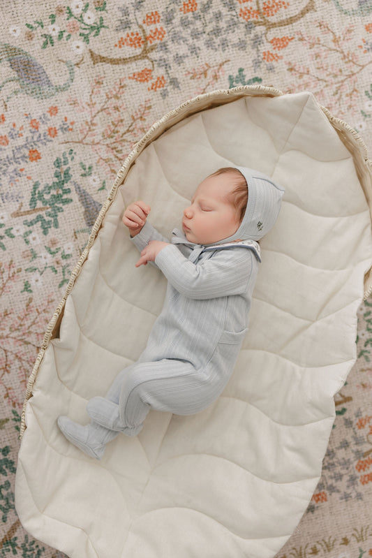 Floral Embroidered Collar Blue Footie+Bonnet