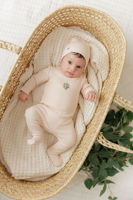 Ribbed Floral Embroidered Pink Footie+Beanie