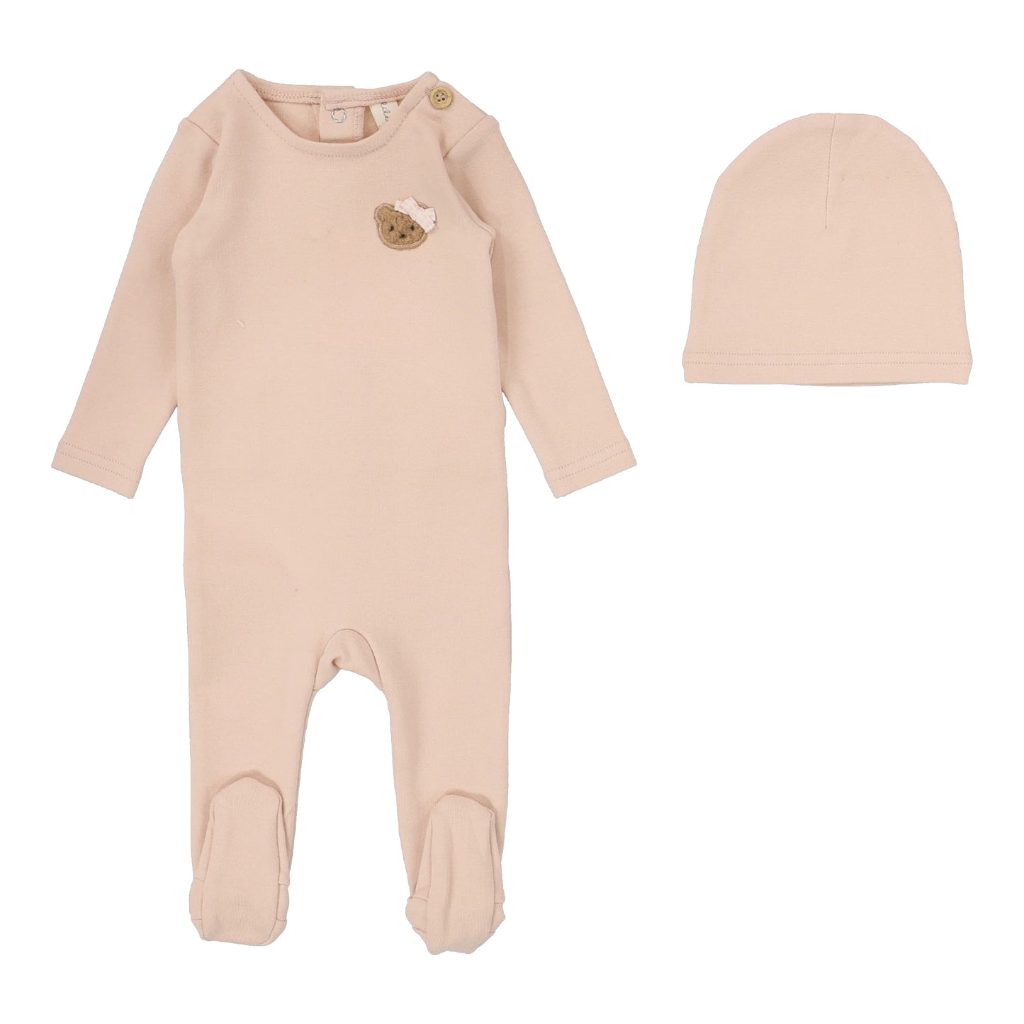 Bear Applique Footie Set Dusty Pink