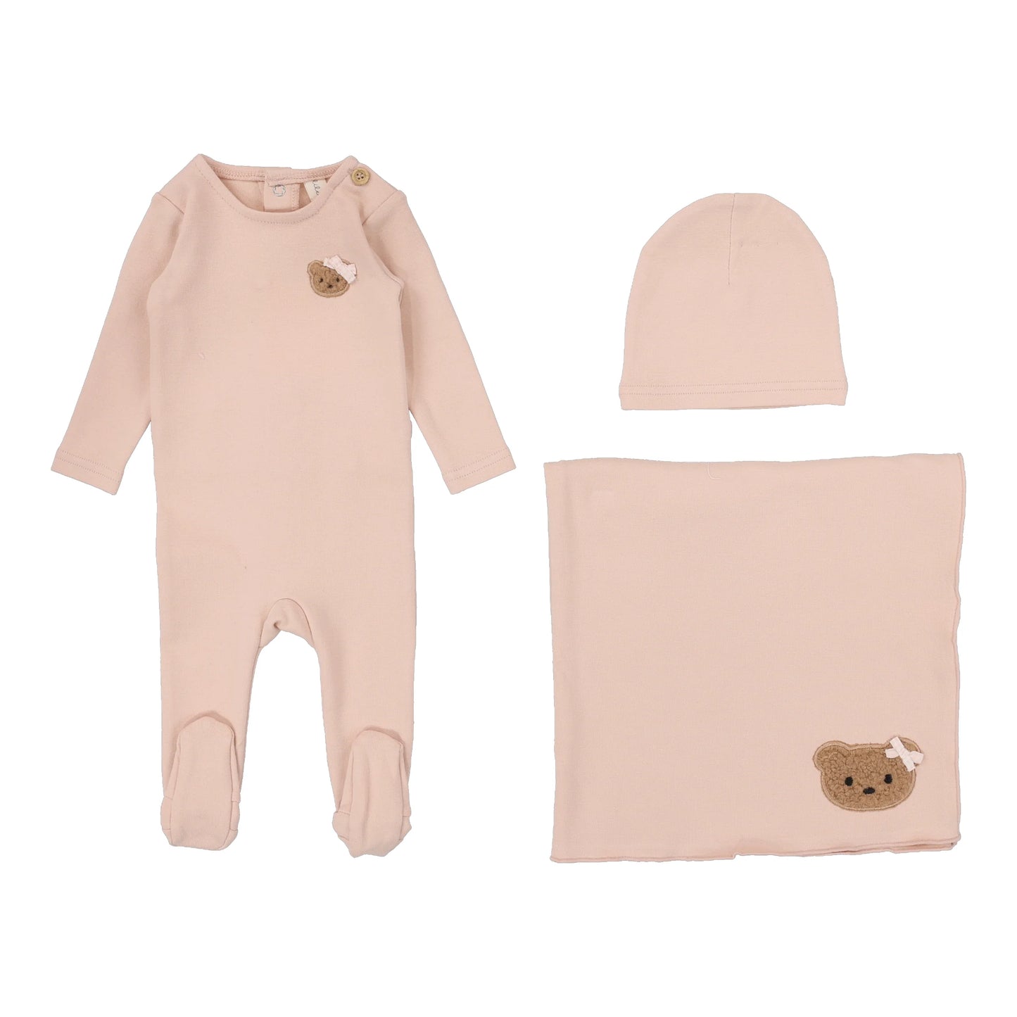 Bear Applique Layette Set Dusty Pink
