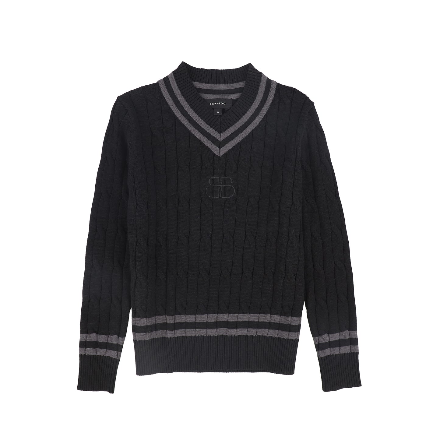 Cable Knit Stripe Trim Sweater - Black