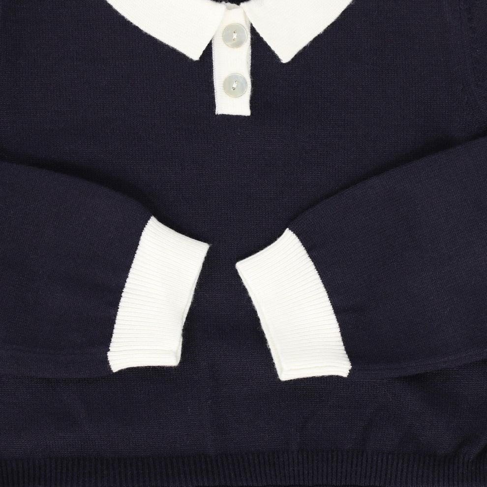 Knit Pleated Trim Collar Dress - Navy