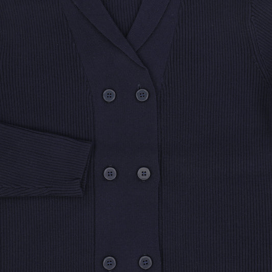 Ribbed Knit Double Breasted Blazer - Navy