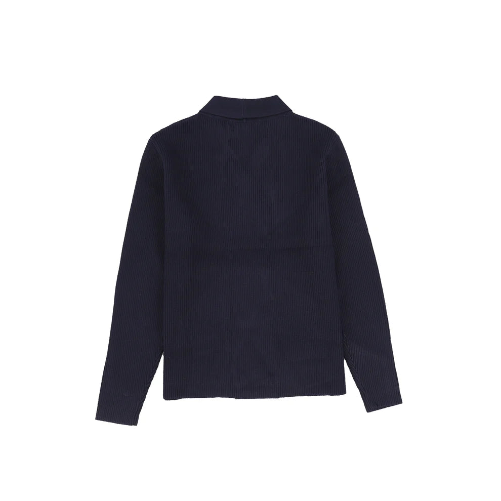 Ribbed Knit Double Breasted Blazer - Navy