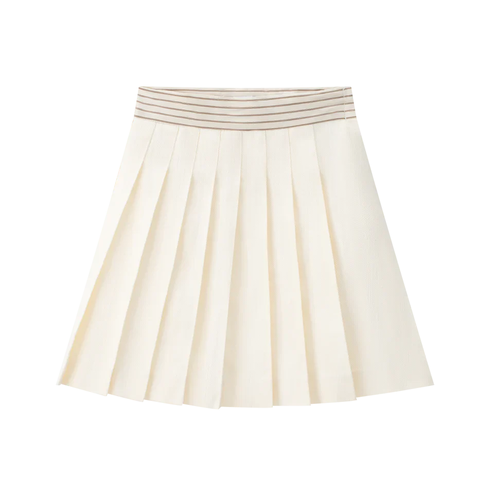 Cream Pleated Skirt With Stripe Waist