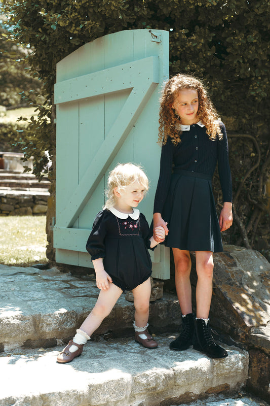 Wool Embroidered Romper - Navy