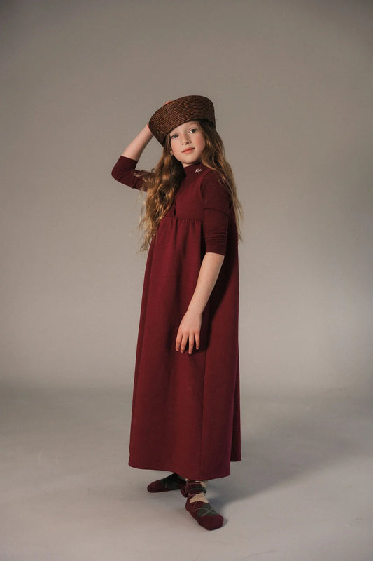 V Neck High Waist Maxi Dress With T-Shirt - Burgundy