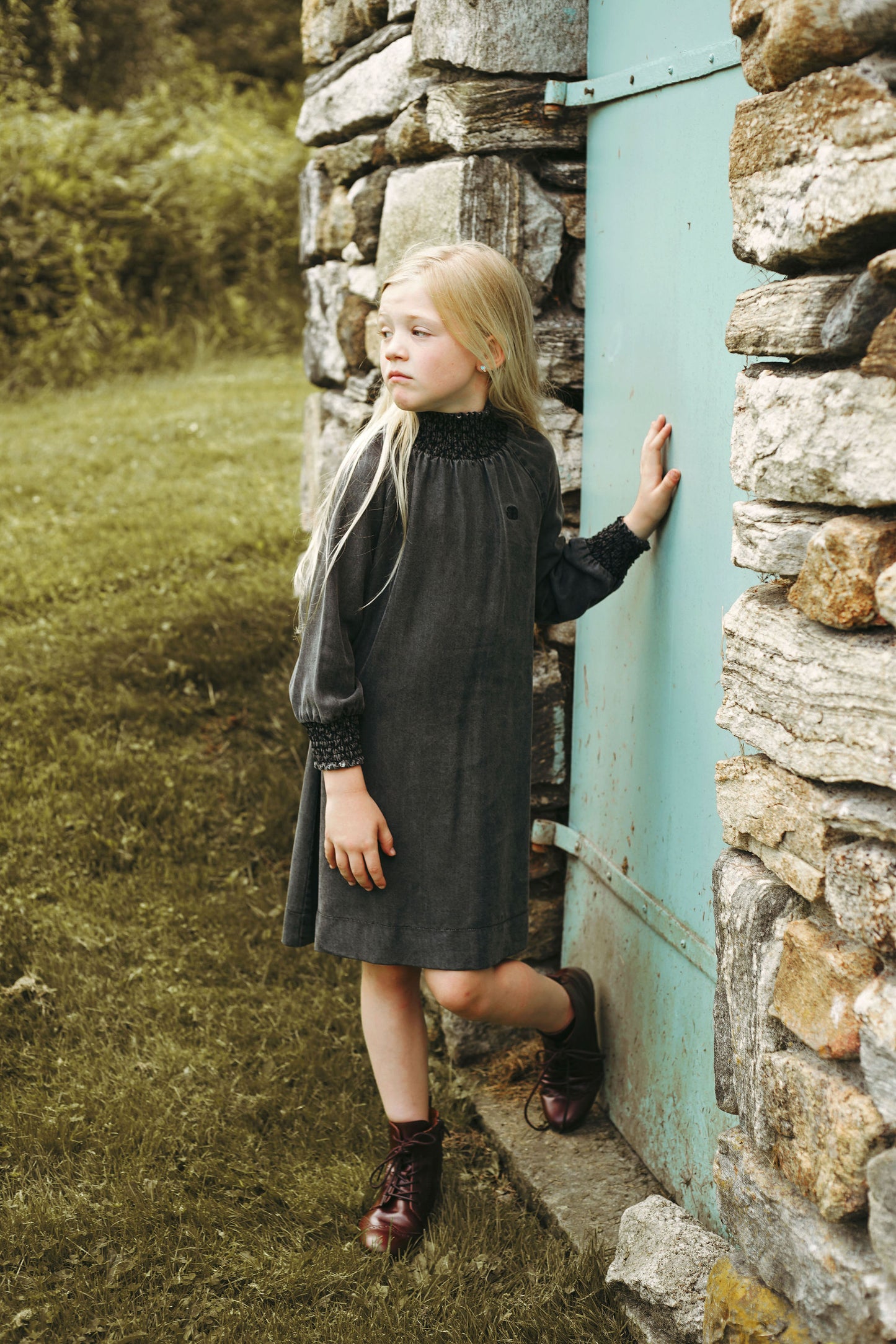 Smocked Neck Denim Dress