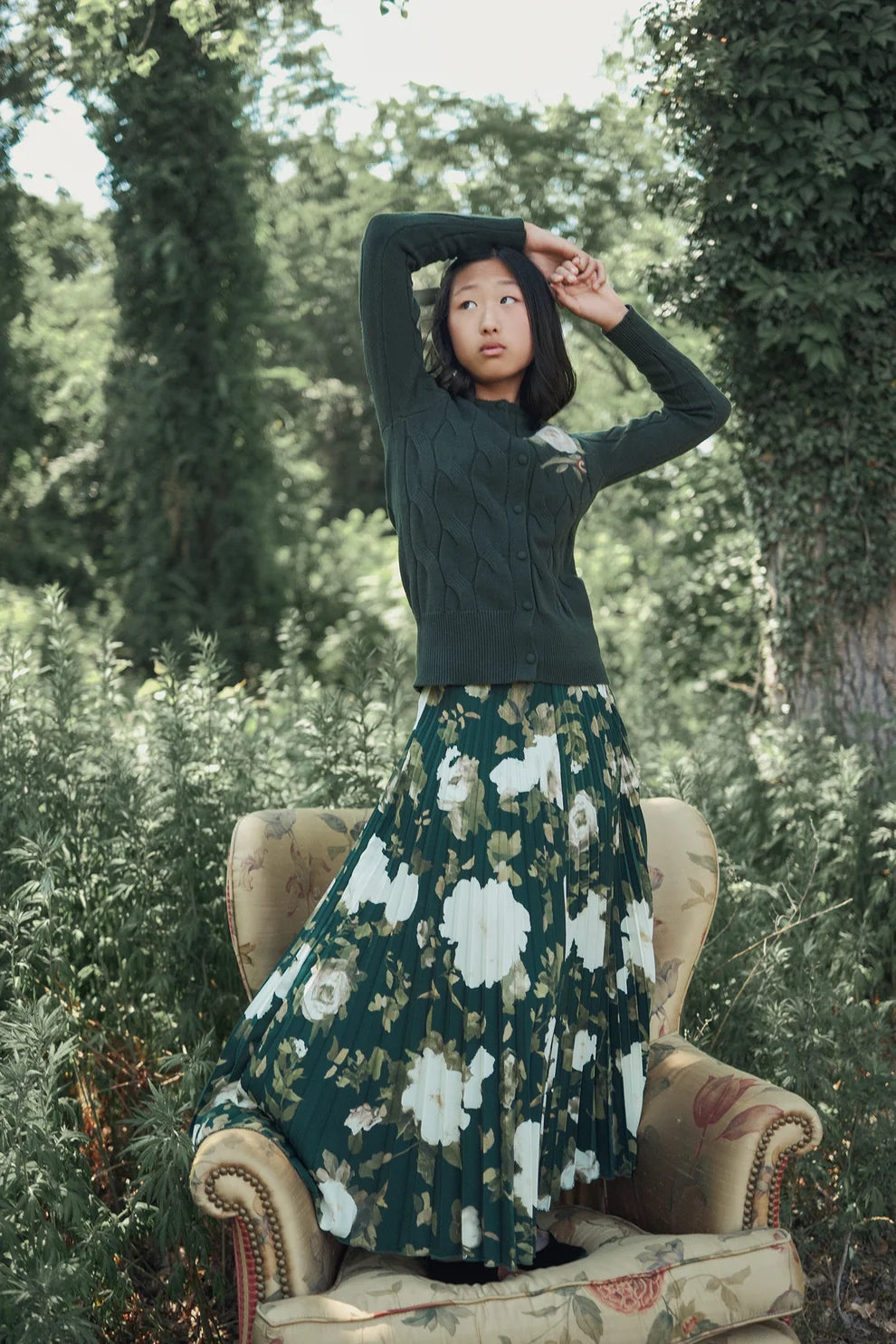 Painted Cable Knit Cardigan- Green