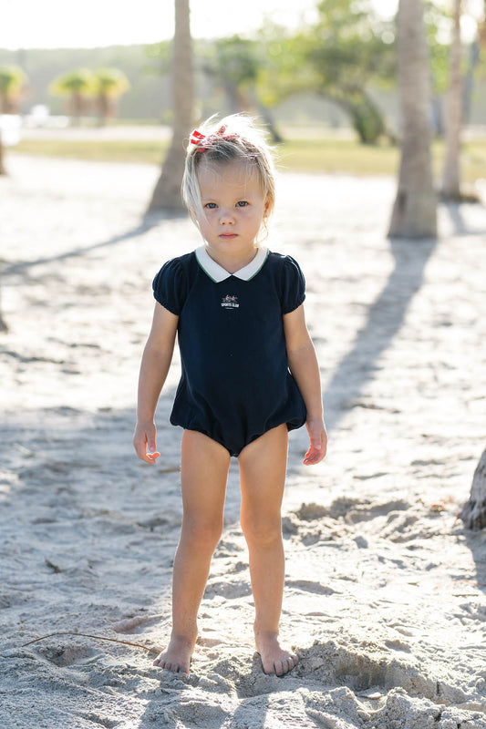 Puff Sleeve Polo Romper- Navy