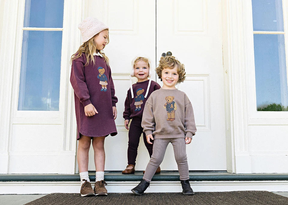 Varsity Bear Sweatshirt Set- Washed Brown