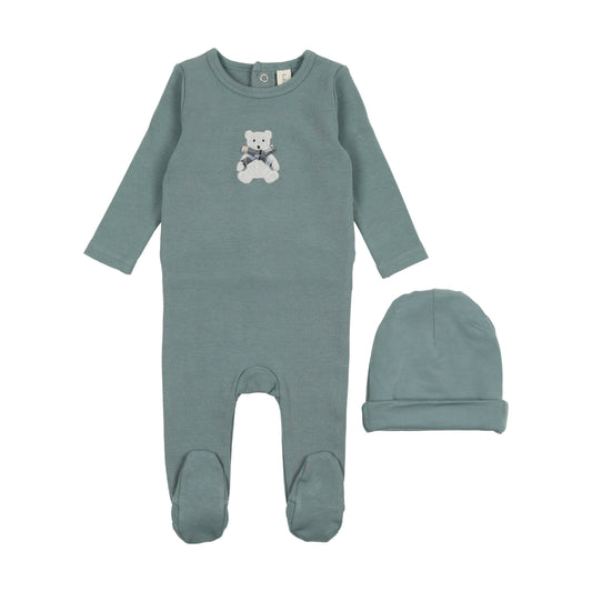 Embroidered Blue Bear Footie Set
