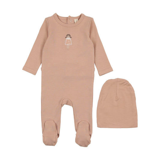 Embroidered Pink Doll Footie Set