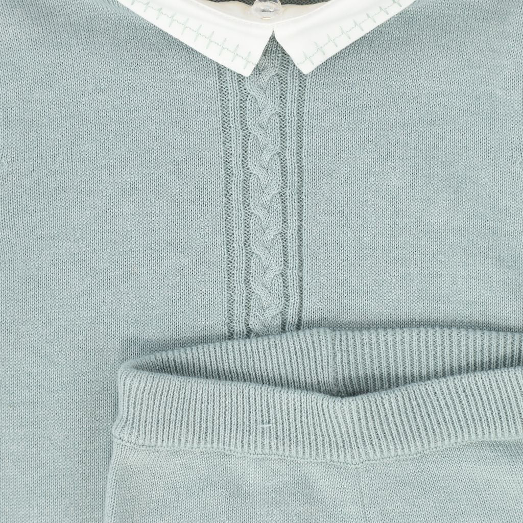 Green Knit Cable Stripe Collar Sweater Set