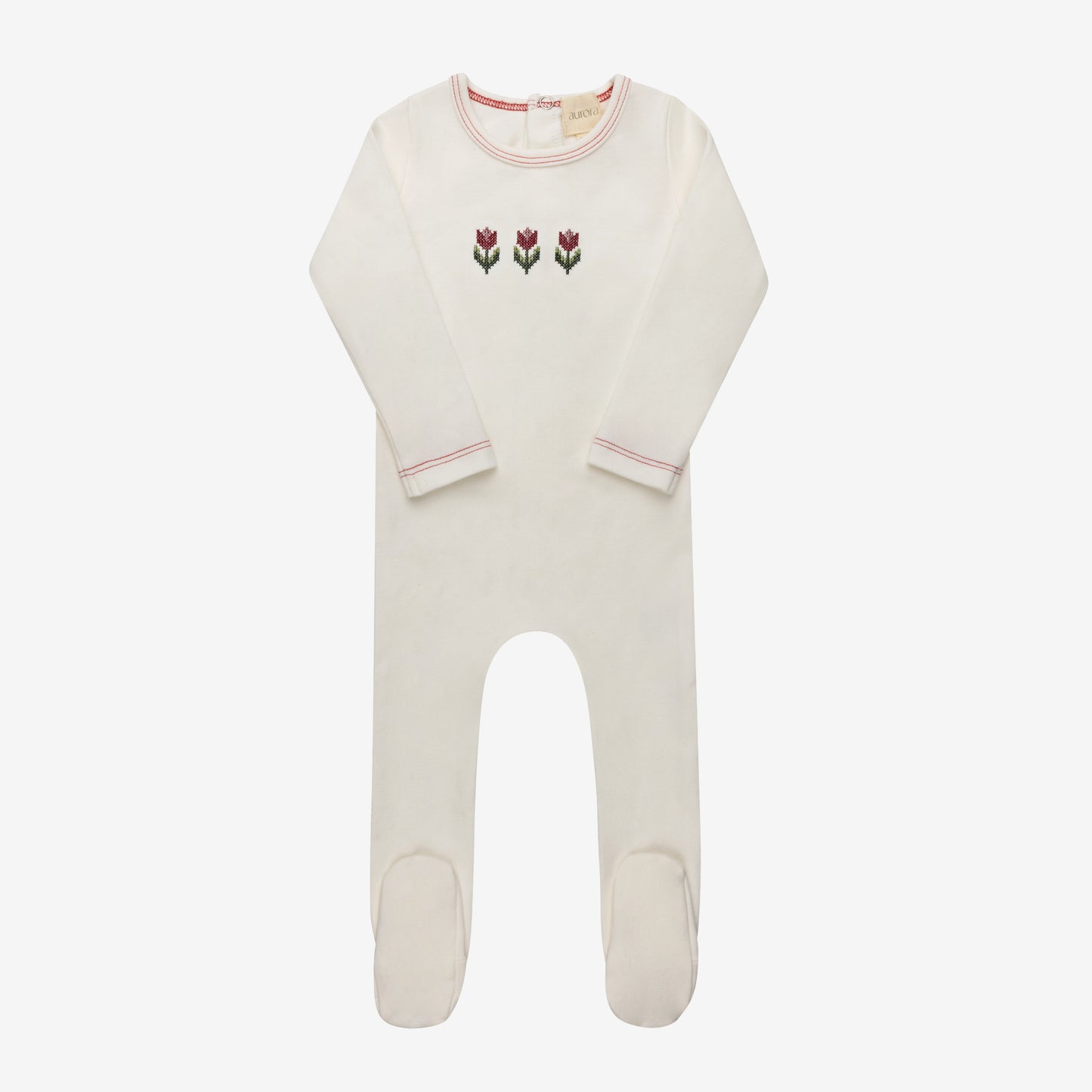 Ivory/Pink Cross-stitch Tulip Footie