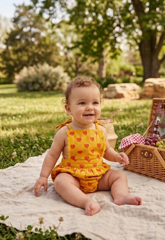 Playsuit Mustard with Red Hearts Allover