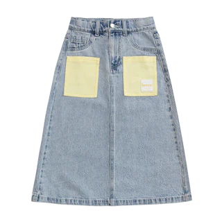 Denim Pocket Midi Skirt Denim / Yellow Pockets