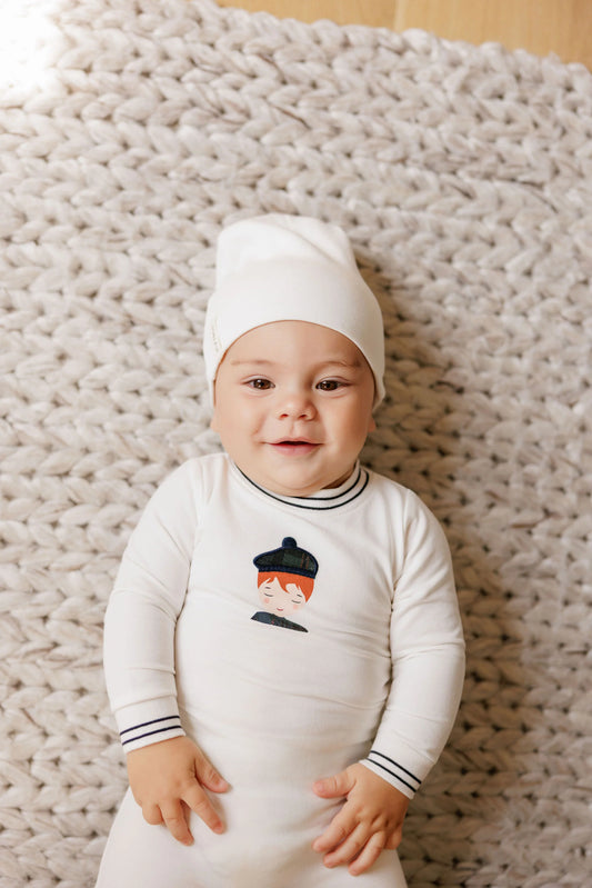 Baby Boy Footie & Beanie – Ivory Navy – French Terry Scottish