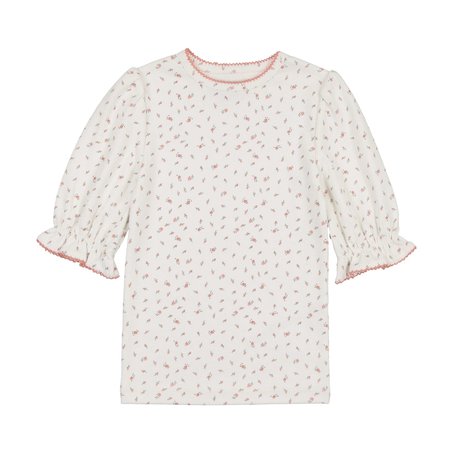 Pink Floral Puffed Sleeve Ribbed T-Shirt