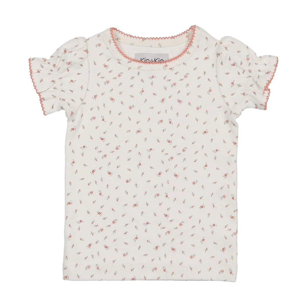 Pink Floral Puffed Short Sleeve Ribbed T-Shirt