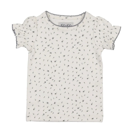 Blue Floral Puffed Short Sleeve Ribbed T-Shirt