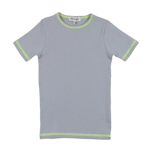 Powder Blue & Neon Green thread  Ribbed 3/4 Sleeve T-Shirt