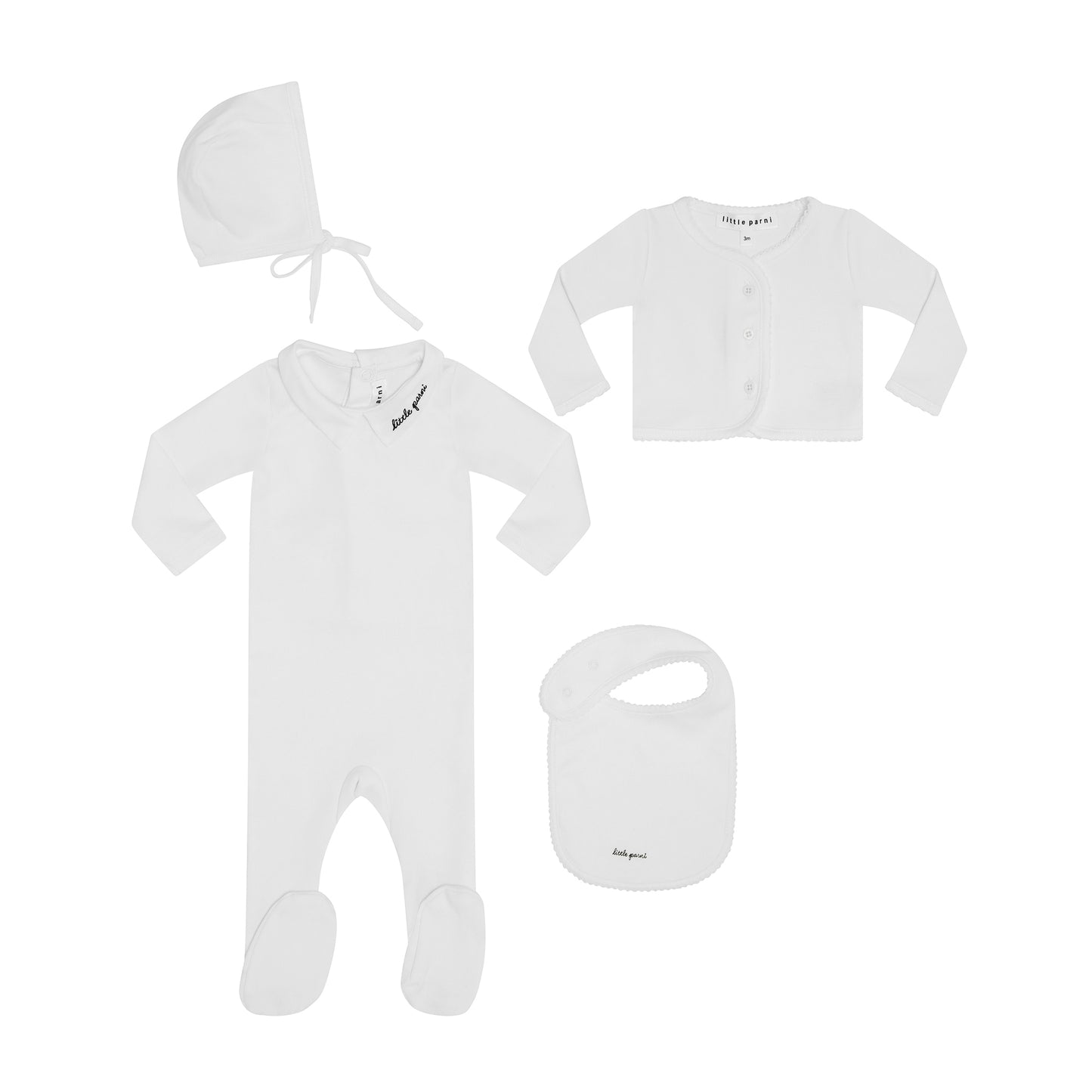 Baby Collar Stretchy w cardigan + bonnet- White Gift Box