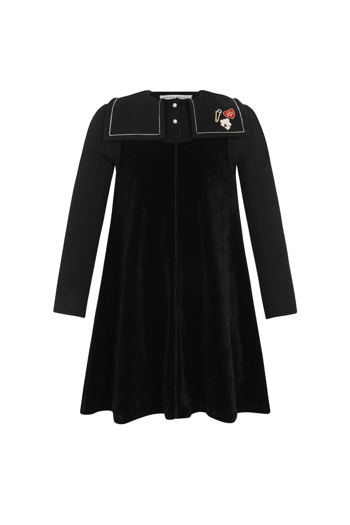 Embroidered Collar Velour Dress - Black