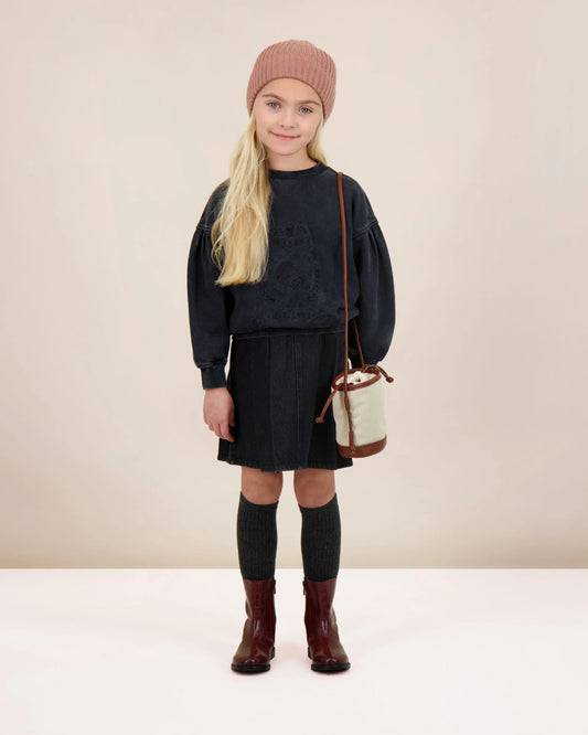 Pleated Denim Skirt Black Denim