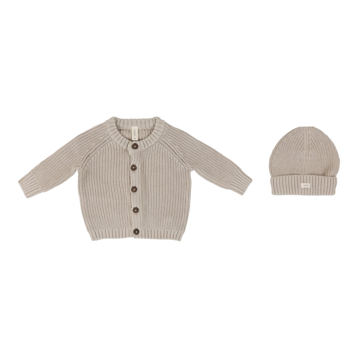 Chunky Knit Cardigan with Beanie- Natural/Taupe