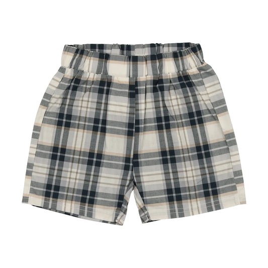 Linen Pull on Shorts- Navy Plaid