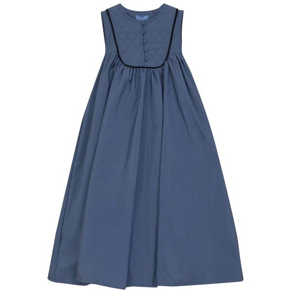QUILTED YOKE FLARED DRESS- Blue