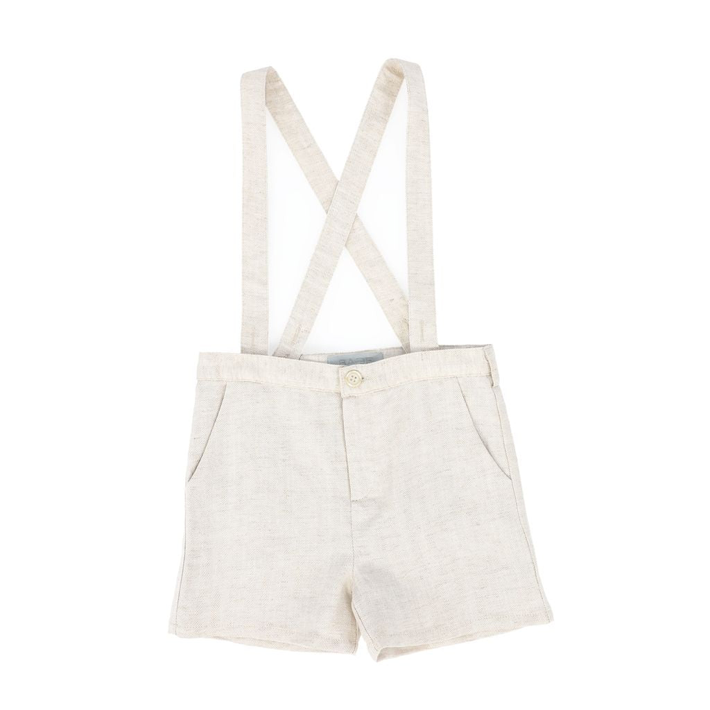 Linen Herringbone Shorts With Removable Suspenders - Tan
