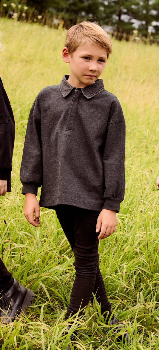 Boys Denim Collar Polo - Grey