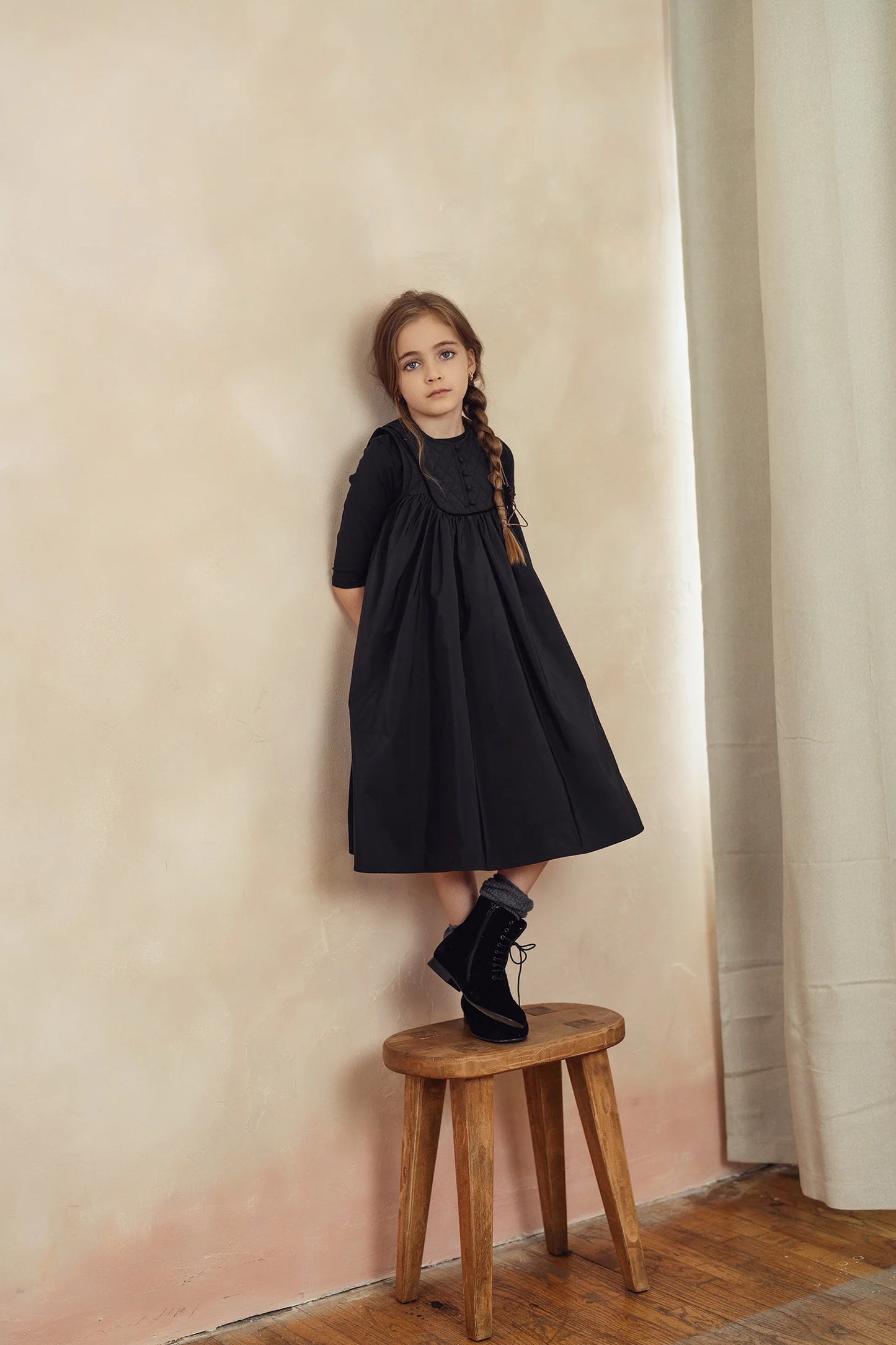 QUILTED YOKE FLARED DRESS- Black