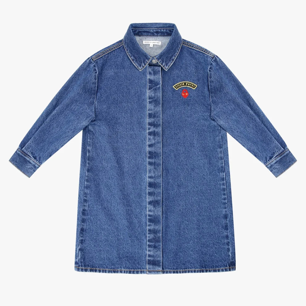 Blue Denim Heart Patch Denim Shirt Dress