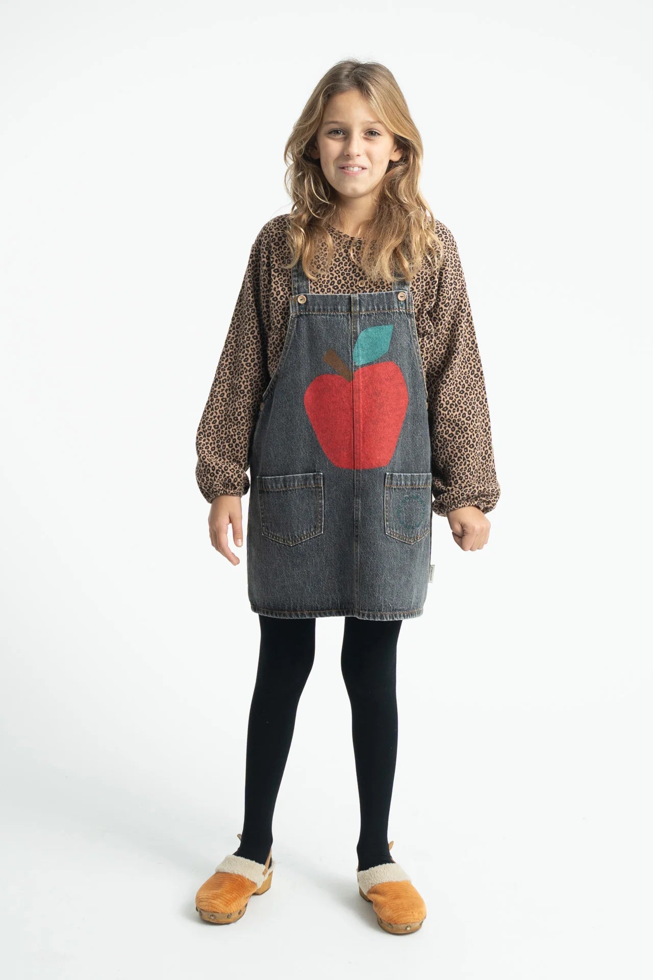 Short Dress with Straps Washed Black Denim with Apple Print