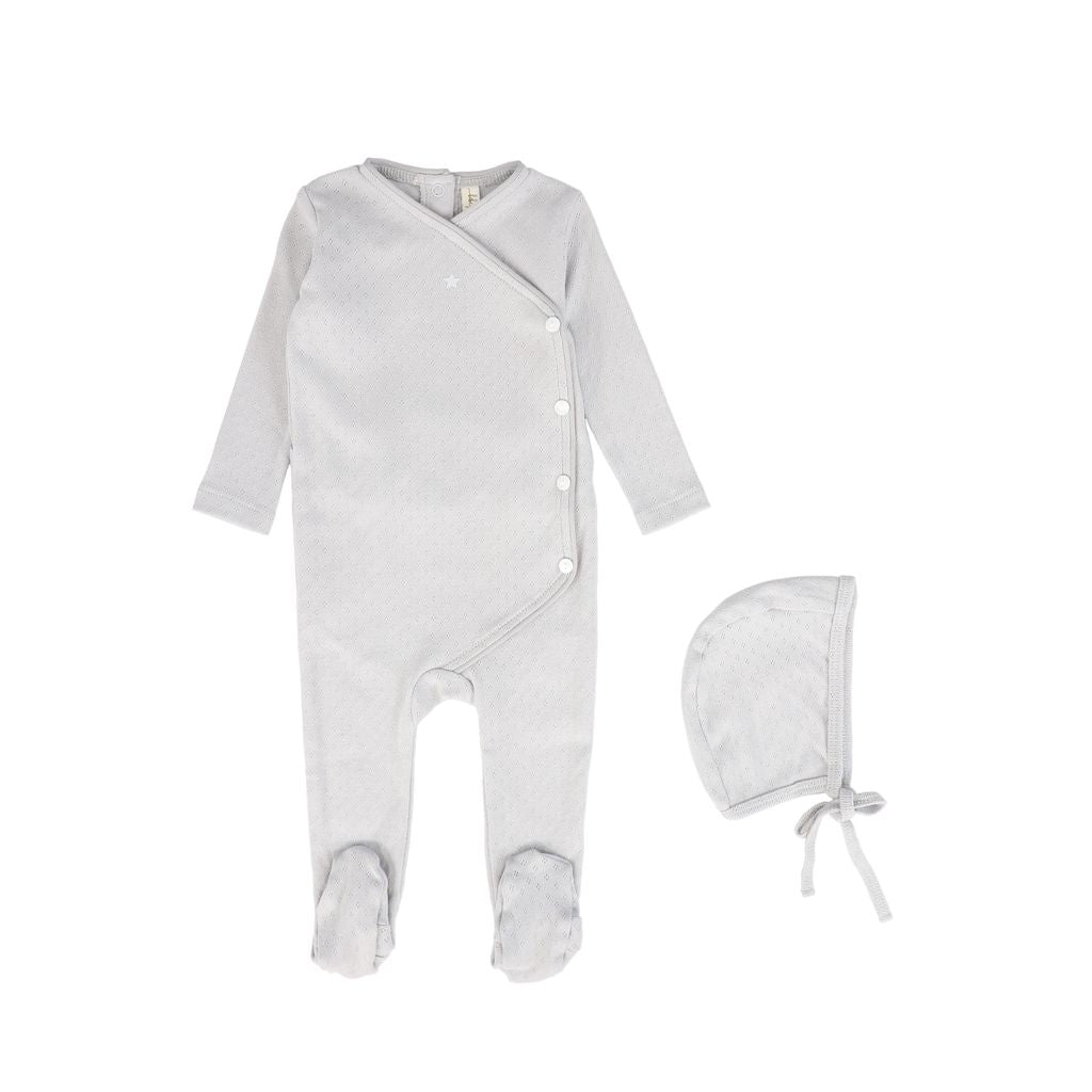 Blue Pointelle Piped Wrap Footie