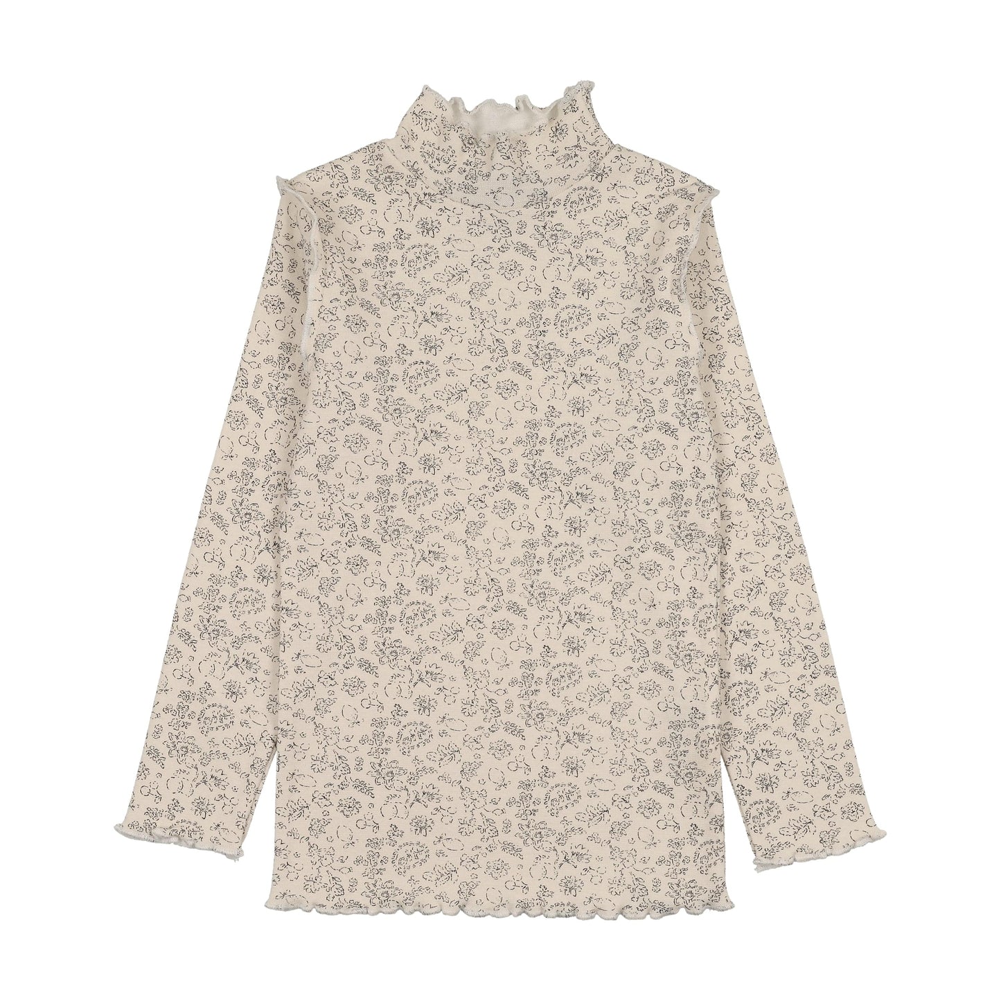 Scalloped Edge Mockneck Floral Print- Black