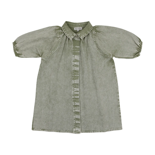 Green Wash Denim Puffed Three Quarter Sleeve Dress