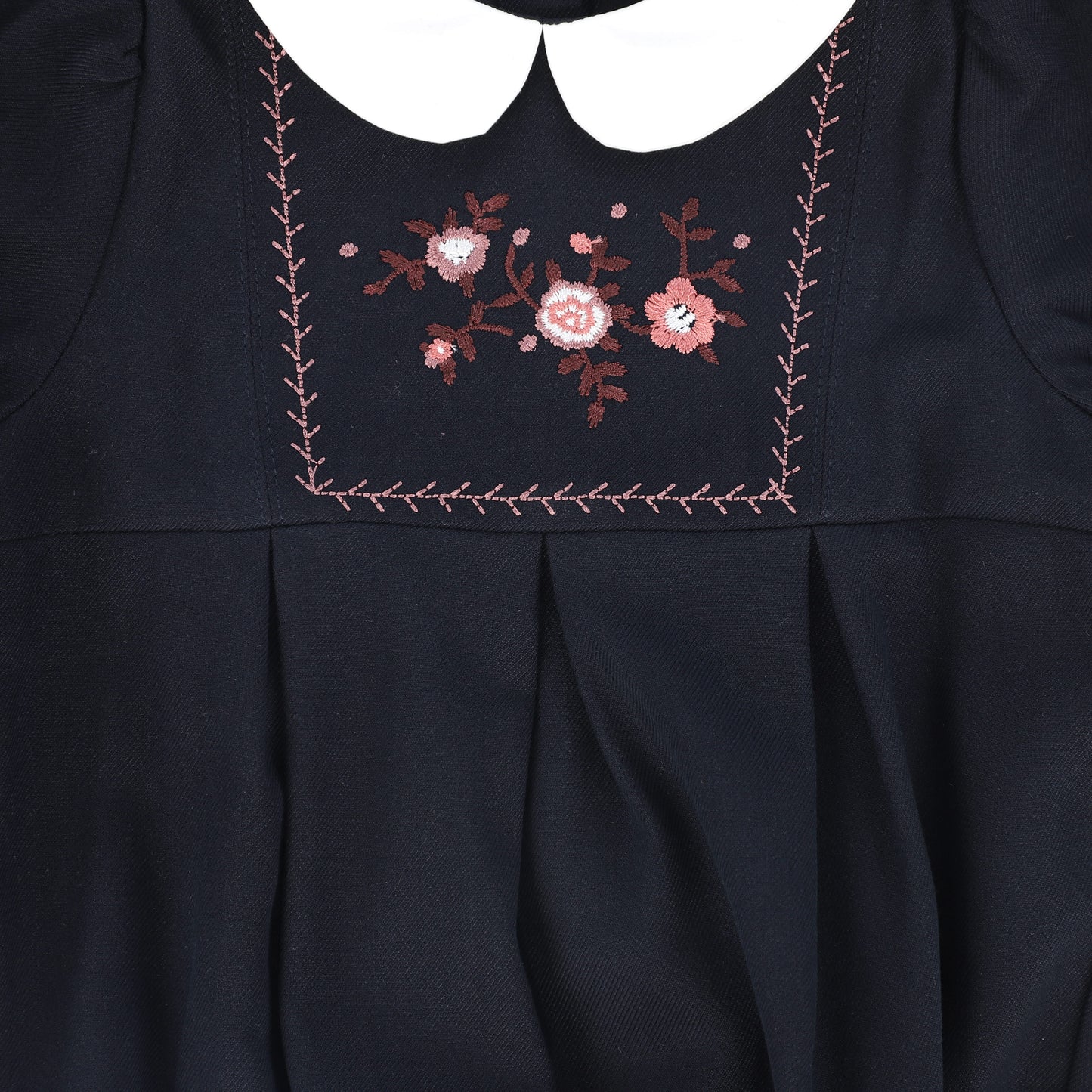 Wool Embroidered Romper - Navy
