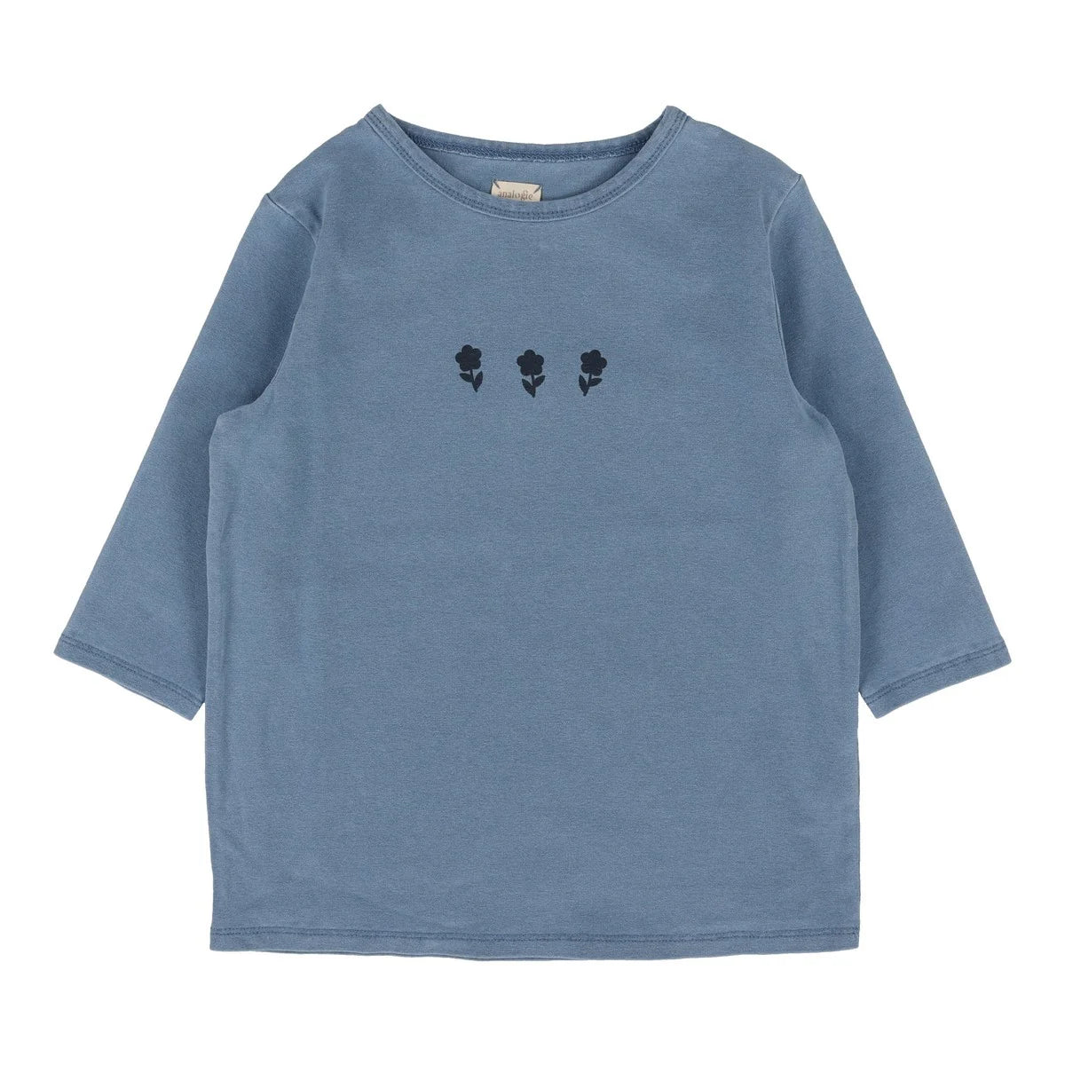 Three Quarter Sleeve Denim Floral Accent Tee