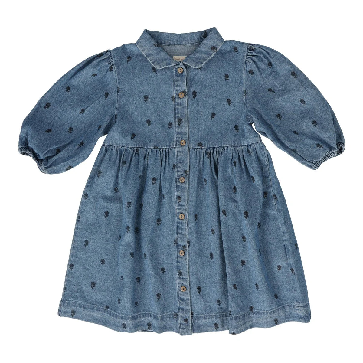 Denim Floral Print Dress - Three Quarter Sleeve